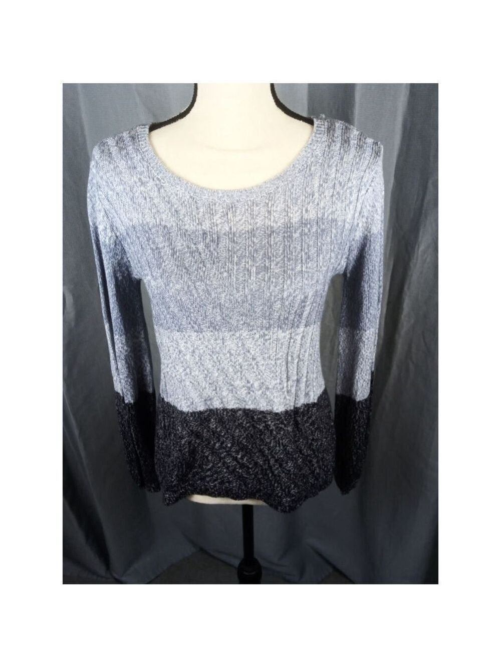 Women's Soho Grey Black Striped Ribbed Crew Neck Sweater Size XS